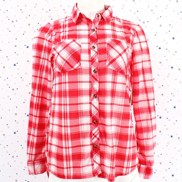 Knit Plaid Button Up Shirt Hi Lo Hem Red Off White - Picture 3 of 8